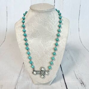 Turquoise beads with Rhinestone Cross Western Style Necklace